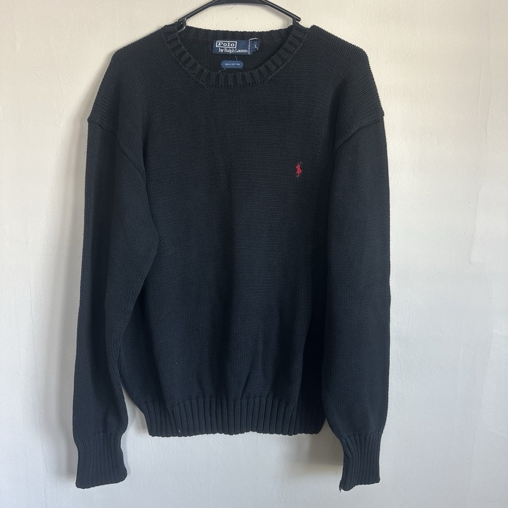 Vtg Polo Ralph Lauren Mens Black W/ Red Pony Logo Thick Knit Sweater Size Large